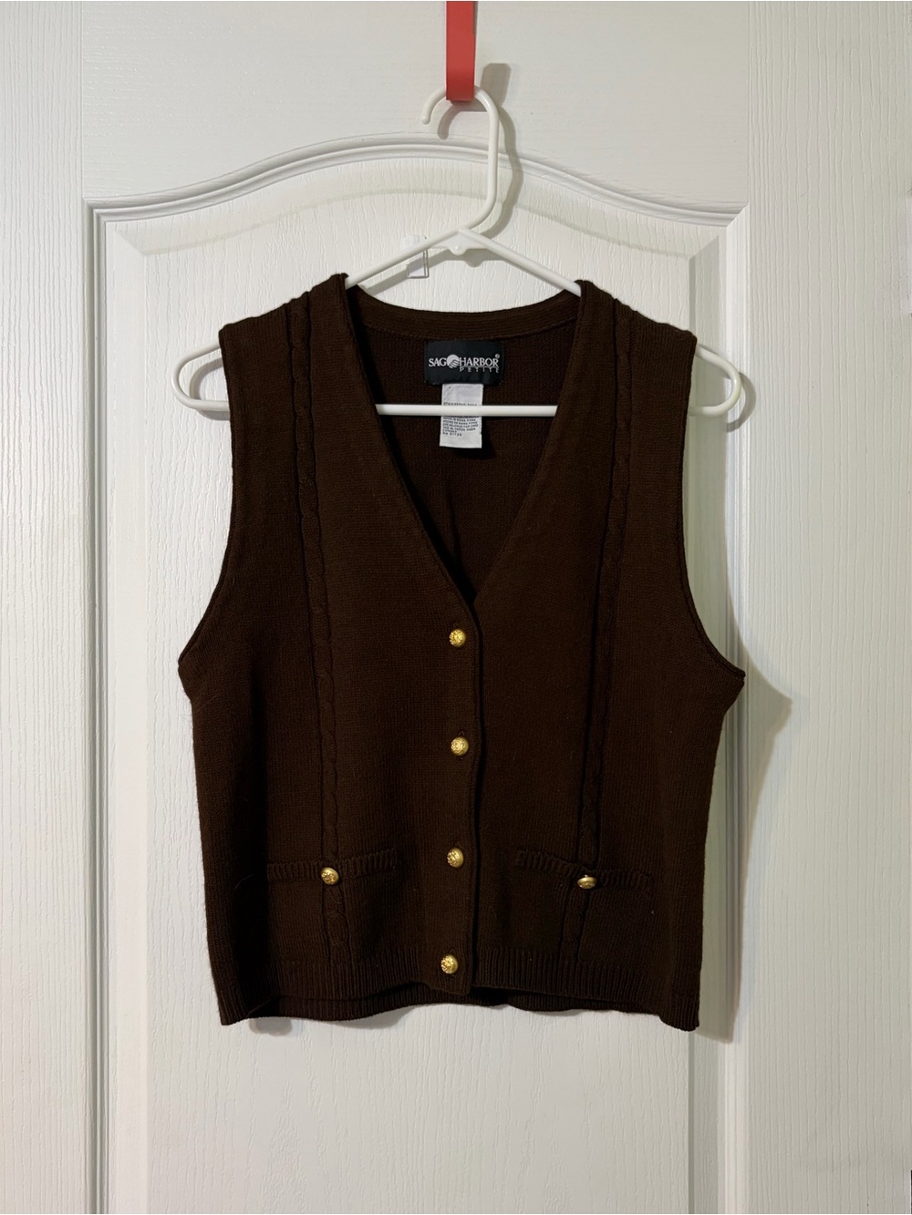 Sag Harbor Dark Brown Knit Button Vest with Gold Buttons